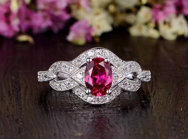 0.75ct Lab Created Ruby Engagement Ring, Art Deco Vintage Design, Oval Cut, Available In All Metal Types