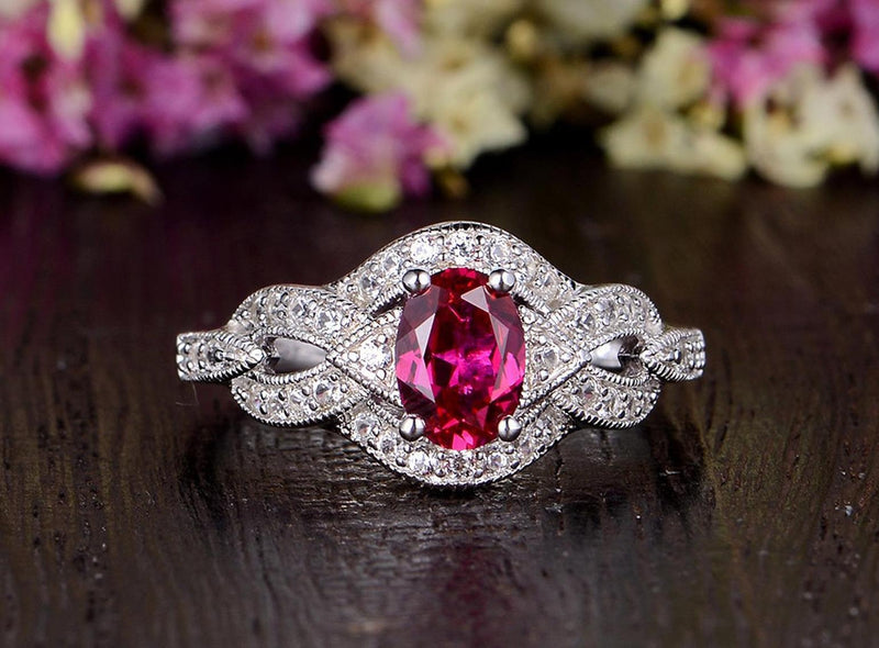 0.75ct Lab Created Ruby Engagement Ring, Art Deco Vintage Design, Oval Cut, Available In All Metal Types