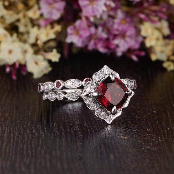 2.00ct Lab Created Ruby Engagement Ring, Art Deco Vintage Design, Cushion Cut, Available In All Metal Types