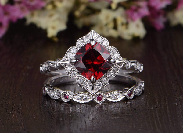 2.00ct Lab Created Ruby Engagement Ring, Art Deco Vintage Design, Cushion Cut, Available In All Metal Types