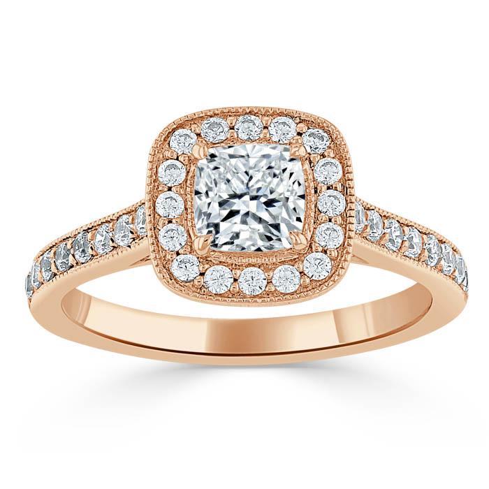 Lab-Diamond Cushion Cut Halo Engagement Ring, Tiffany Style, Choose Your Stone Size and Metal